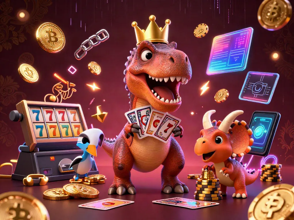 Experience the excitement of au88 with a playful scene featuring a T-Rex and friends in a vibrant casino atmosphere.