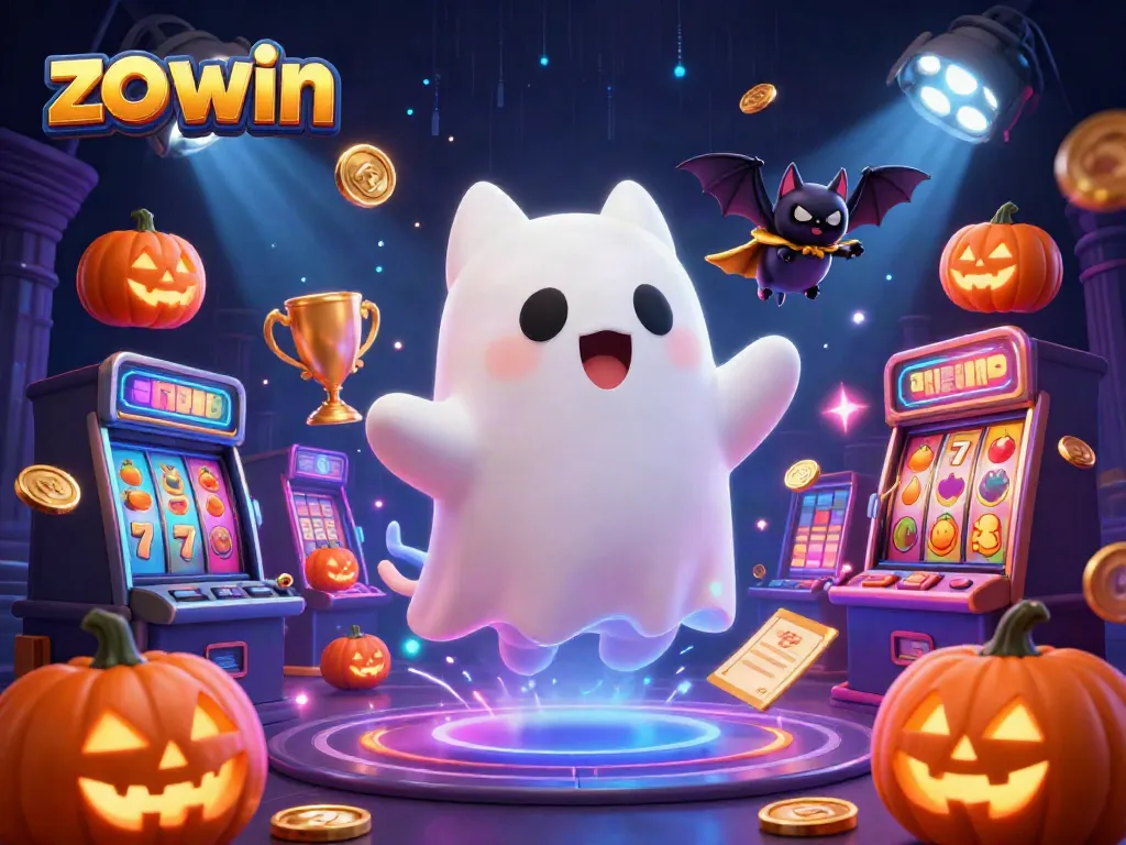 Experience the thrill of zo win with a lively ghost cat and vampire bat enjoying a haunted casino adventure.