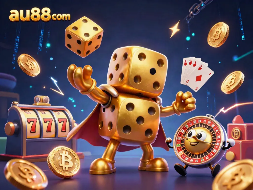 Join the thrill at au88 com with a dynamic scene featuring a golden dice golem and exciting casino elements.