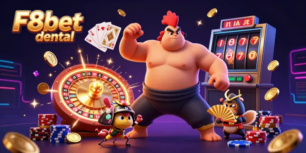 Experience exciting gameplay with F8bet dental's vibrant casino-themed illustration featuring dynamic characters and game elements.