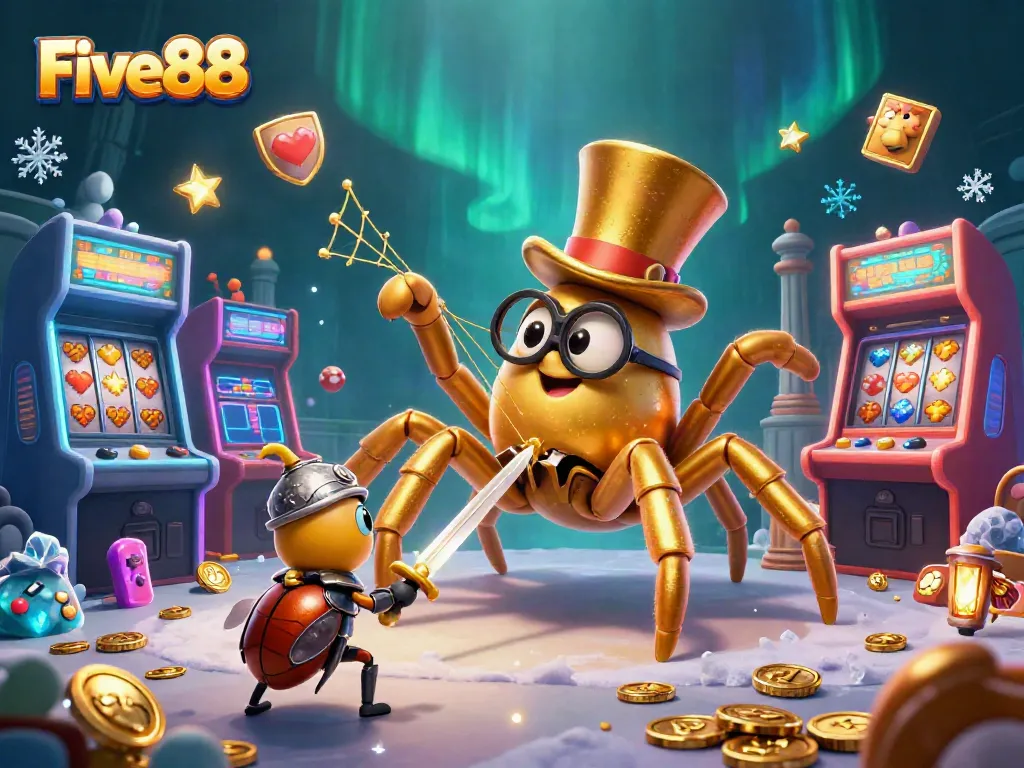 Engage with exciting gaming adventures at Five88; vibrant casino scene featuring a golden tarantula and beetle knight.