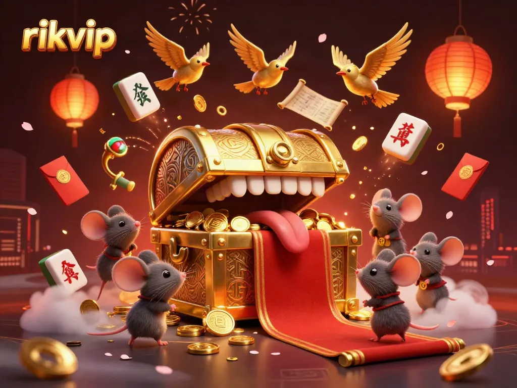 Play and win with rikvip's vibrant casino adventure featuring golden treasures and lucky symbols.