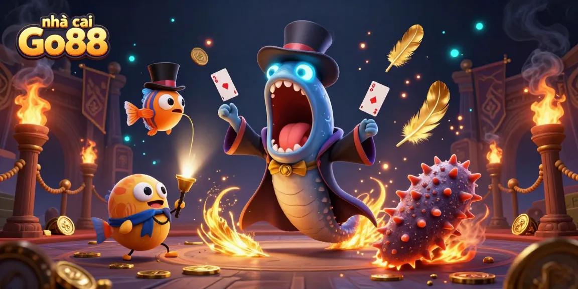 Experience exciting card tricks with nhà cái Go88 and captivating sea creatures in this dynamic 3D illustration.