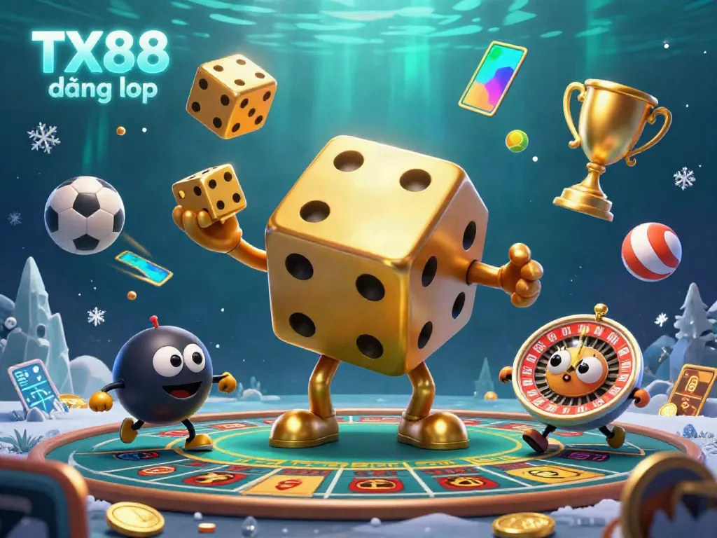 Join the gaming action with TX88 đăng nhập amidst dynamic dice and sports elements in this casino illustration.