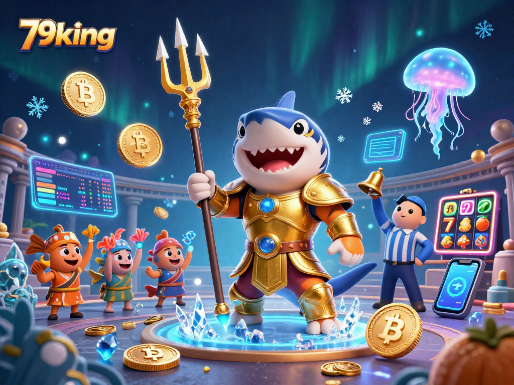 Engage with 79king in a vibrant underwater casino scene filled with crypto-inspired gaming elements.