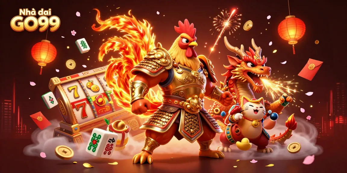 Play slots at Nhà cái GO99 with dynamic visuals of rooster warriors and dragons.