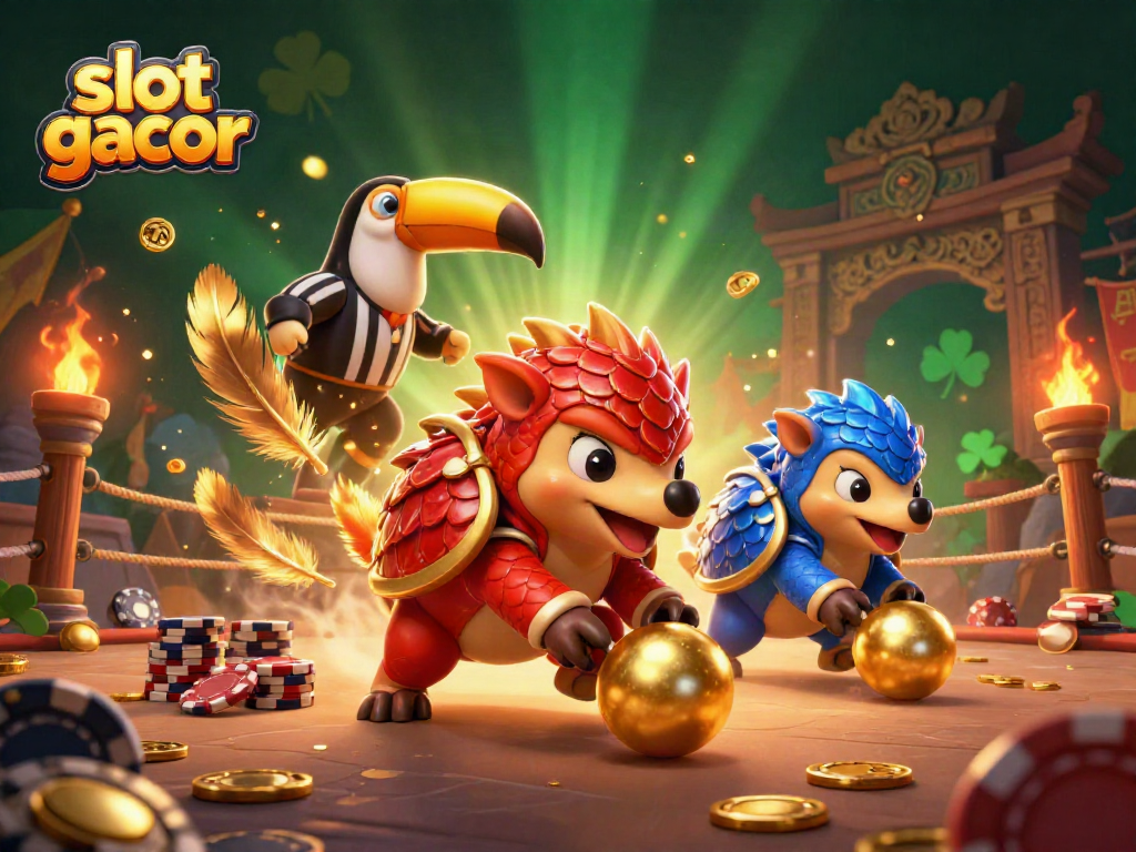 Experience thrilling action with a vibrant scene showcasing rival pangolins in a 'slot gacor' bowling showdown against poker chips.