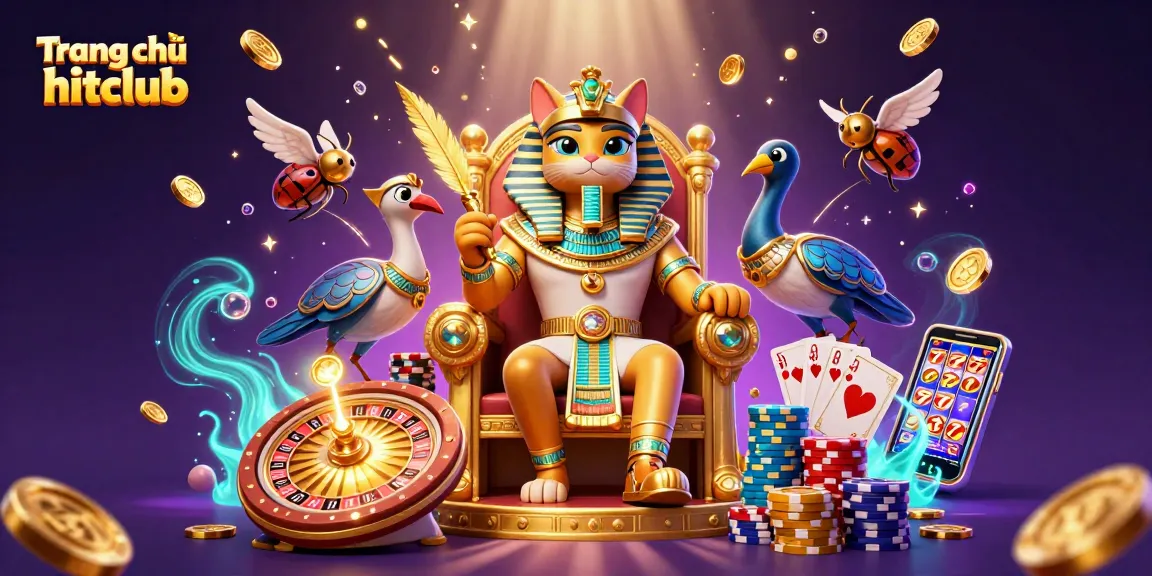 Experience exhilarating gameplay at Trang chủ hitclub with an Egyptian pharaoh cat amidst sparkling casino elements.