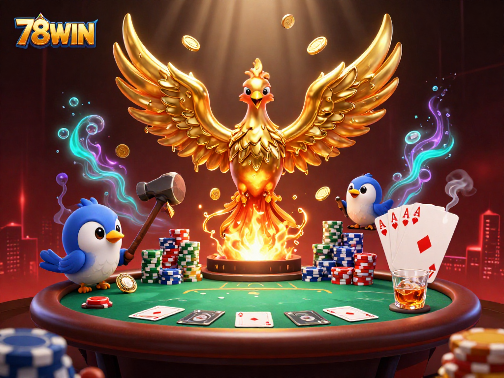 Experience thrilling gameplay at 78WIN with the golden phoenix and poker riches illuminating the scene.
