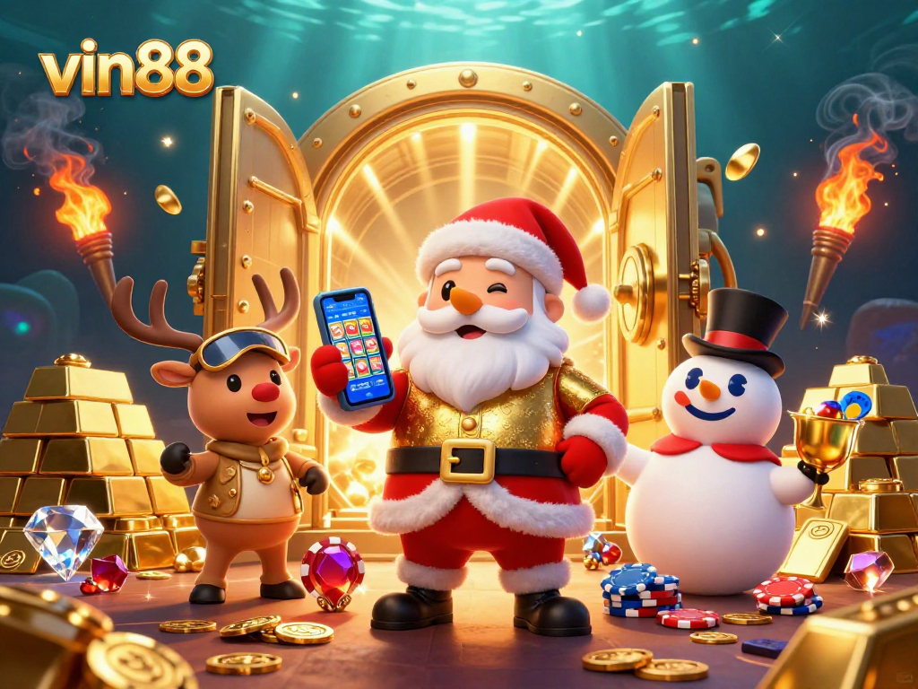 Spin to win with vin88 in this vibrant casino-themed illustration featuring festive characters.