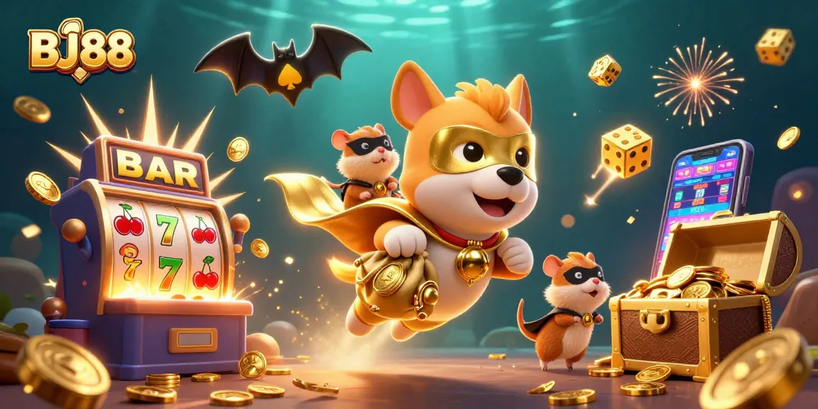 Experience the thrill of BJ88 with a superhero dog and hamster celebrating a jackpot!