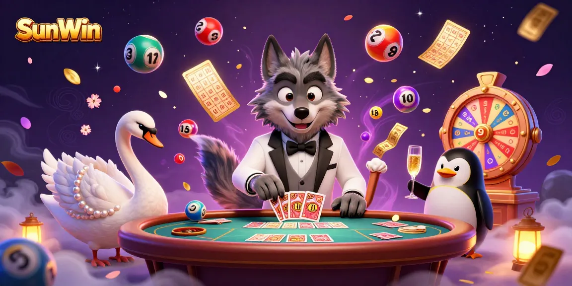 Experience exciting gameplay in SunWin with a debonair wolf, elegant swan, and sophisticated penguin at the casino.