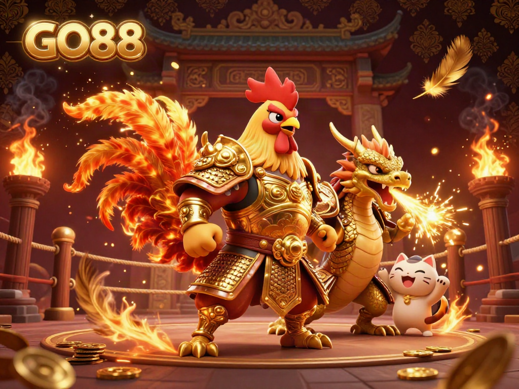 Experience GO88's vibrant casino atmosphere with a dynamic rooster warrior and dragon hatchling.