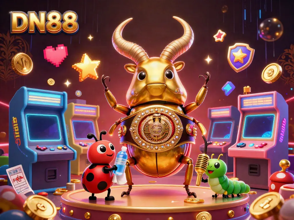 Experience the excitement of DN88 with a dynamic cartoon scene of a golden stag beetle and vibrant game elements.