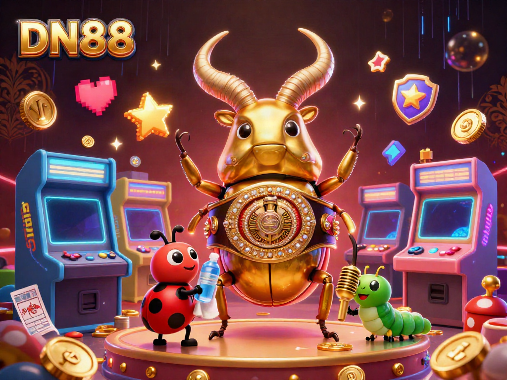 Experience the excitement of DN88 with a dynamic cartoon scene of a golden stag beetle and vibrant game elements.