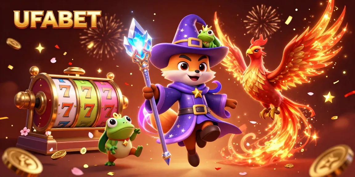 Spin the reels of UFABET, featuring a mystical wizard fox and a fiery phoenix in a vibrant casino scene.