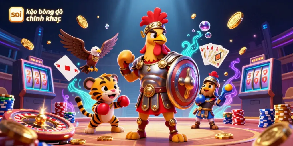 Engage with the thrilling world of soi kèo bóng đá chính xác as the rooster gladiator stands amidst cascading coins in a vibrant colosseum.