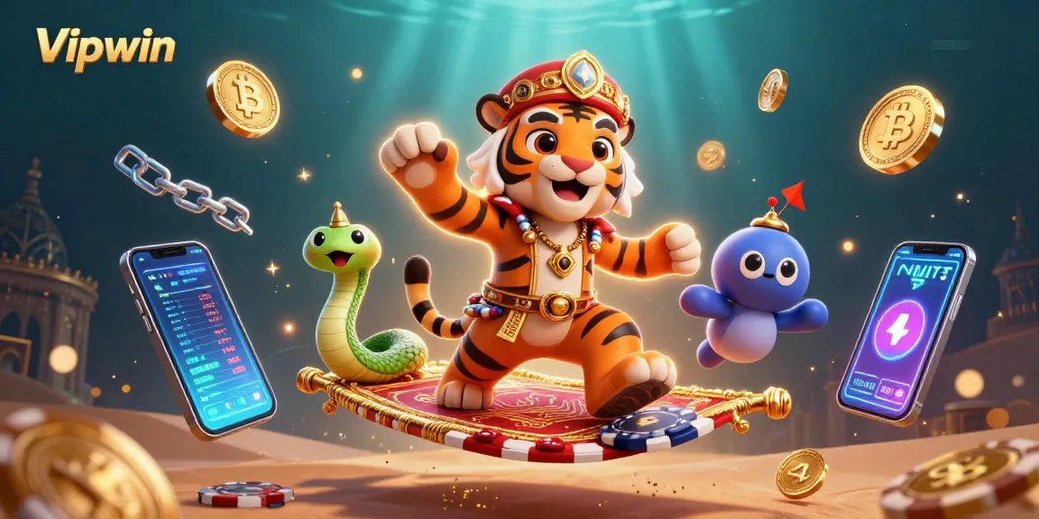 Experience Vipwin's vibrant casino magic with a 3D tiger sultan and genie amidst glowing crypto treasures.