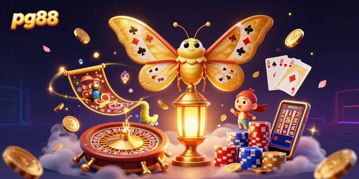 Join the excitement at pg88 with an enchanting scene of a moth amidst cascading coins and casino treasures.