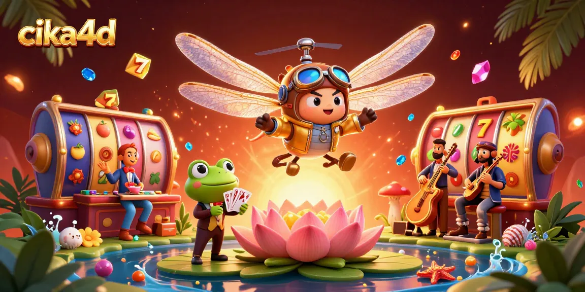 Cika4d casino scene with a dragonfly pilot, frog croupier, and jazz musicians amidst vibrant slot symbols.