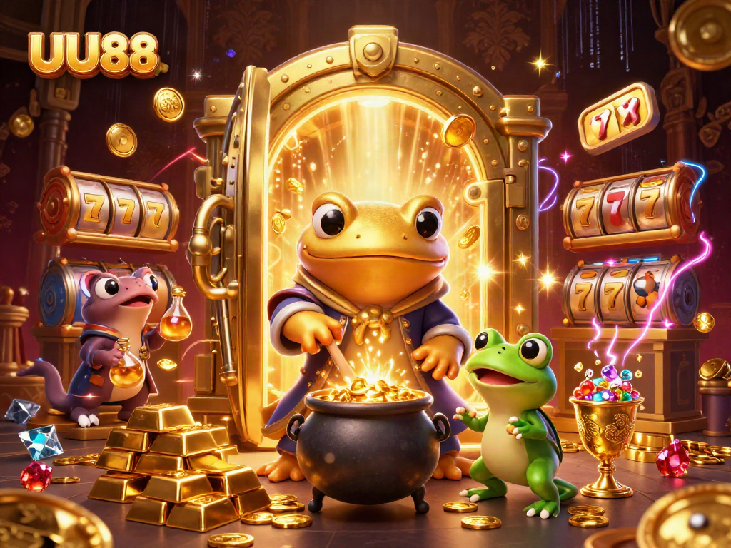 UU88 alchemist scene with gold coins, slot reels, and dynamic casino elements