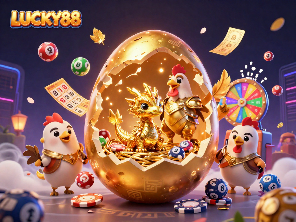 Engage with LUCKY88 through this vibrant illustration featuring a golden dragon and gambling elements.