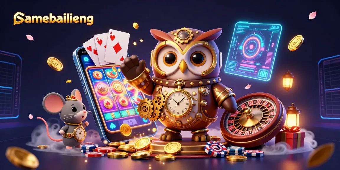 Join the adventure in gamebailieng, featuring a whimsical owl and mouse amidst vibrant casino games.
