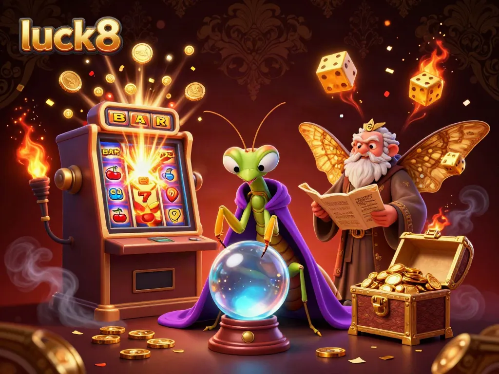 Experience the luck8 casino thrill with a mystical scene featuring a fortune teller, moth librarian, and vibrant gaming elements.