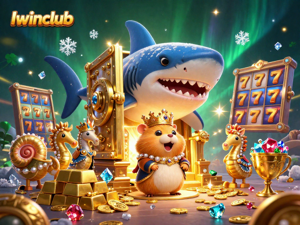 Iwinclub's captivating 3D casino scene showcases a hamster king at a treasure throne among vibrant slot reels.