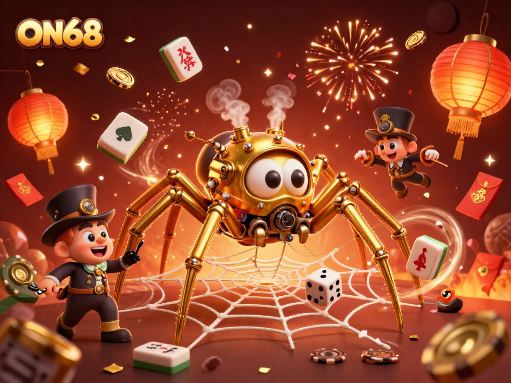 Engage with ON68's thrilling games as a steampunk spider weaves golden webs of opportunity.