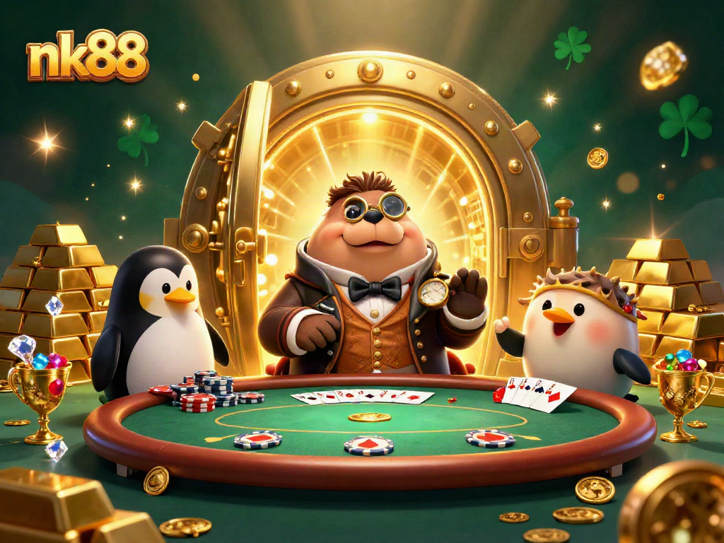 Engage in thrilling poker with nk88 in this vibrant underwater casino scene featuring animals.