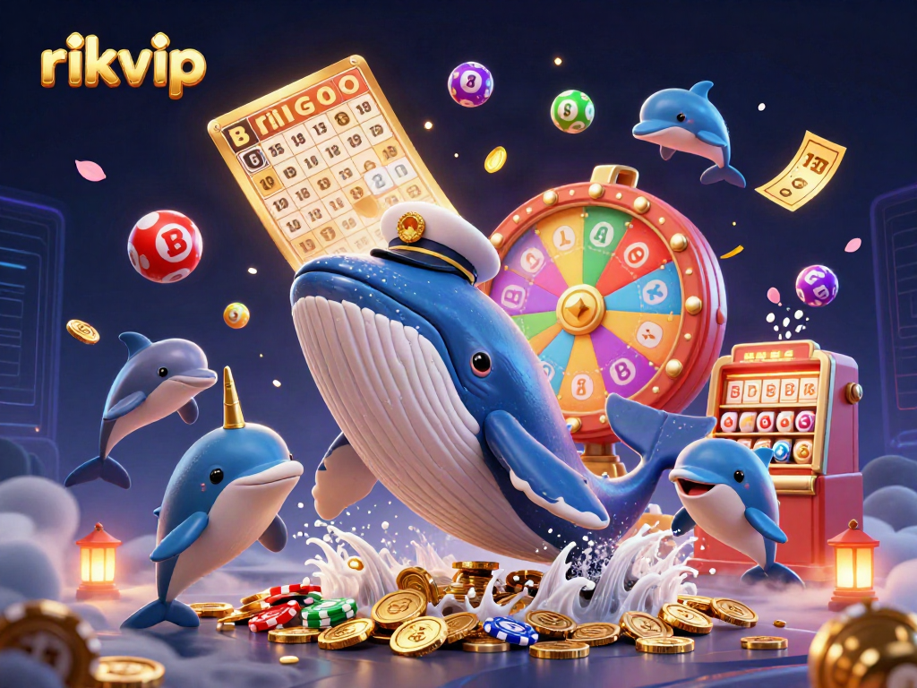 Experience vibrant gaming excitement as rikvip whales breach a sea of coins, accompanied by playful dolphins and a golden narwhal.