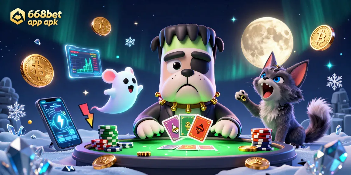 Engage with the 668bet app apk in a vibrant casino scene featuring whimsical characters like a Frankenstein bulldog and a ghost mouse.