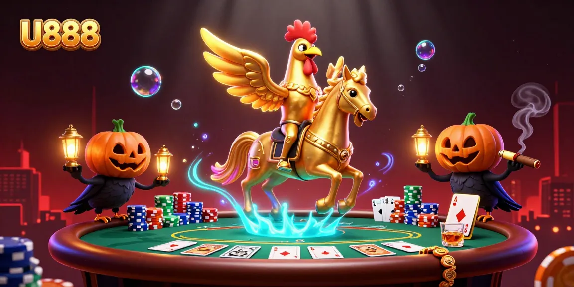 Engage with U888's vibrant casino scene featuring a golden rooster and poker elements.