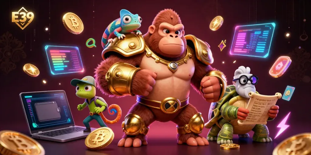 E39 showcases a vibrant 3D construction featuring a powerful gorilla king and colorful graphics, perfect for interactive gameplay.