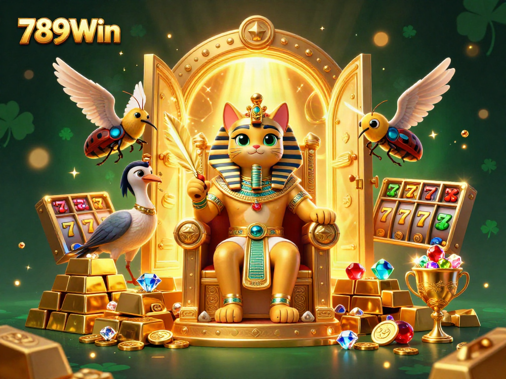 Experience the thrill of winning at 789Win with the luxurious casino-themed scene featuring gold and treasures.