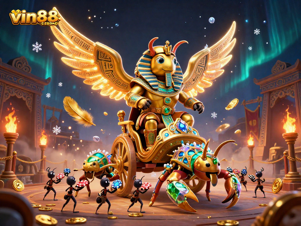 Experience the thrill of vin88-casino with a golden scarab beetle in a vibrant casino scene.