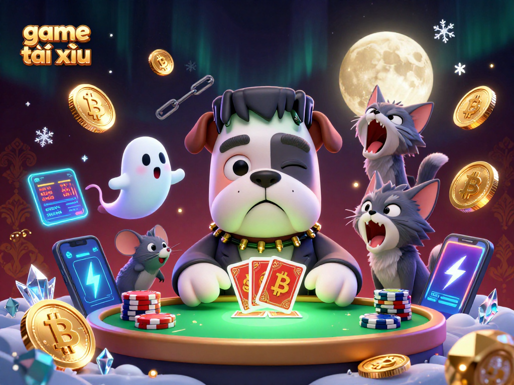 Experience game tài xỉu excitement with a bulldog dealer in a vibrant, spooky casino scene.