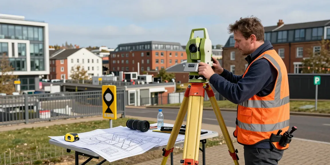 Topographical surveys Southampton with professional surveyor using a total station in a bustling urban environment.