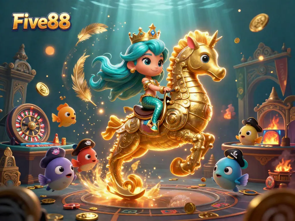 Experience the thrill at Five88 with a vibrant, dynamic 3D illustration of a mermaid princess in an exciting casino setting.
