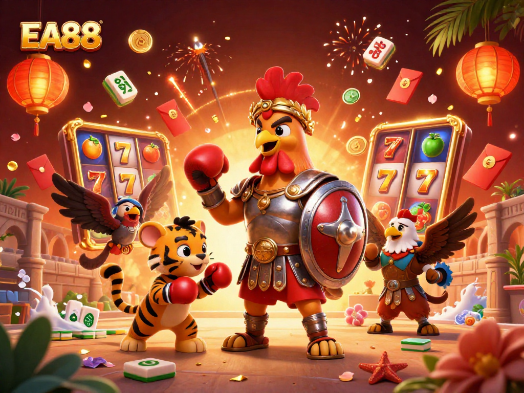 Engage in the thrilling world of EA88 with a battle-ready rooster in a vibrant casino scene full of excitement.