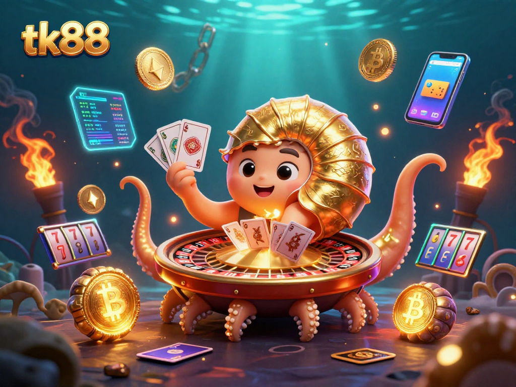 Win big with tk88 in a vibrant 3D casino scene filled with glowing crypto and slot symbols.