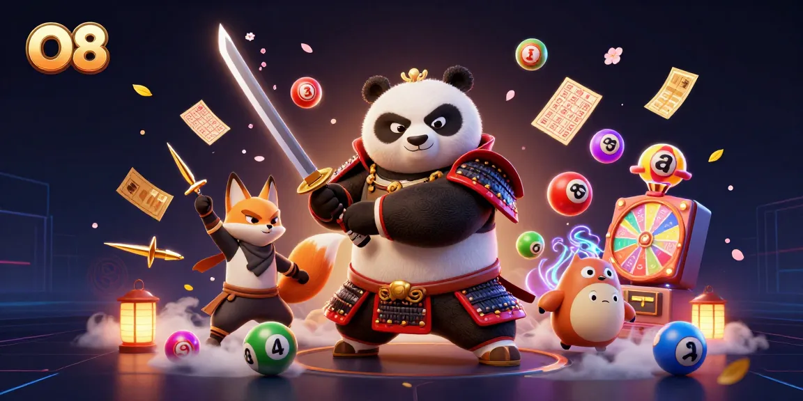 Experience thrilling gaming at O8 with samurai panda and ninja fox amidst lottery excitement.