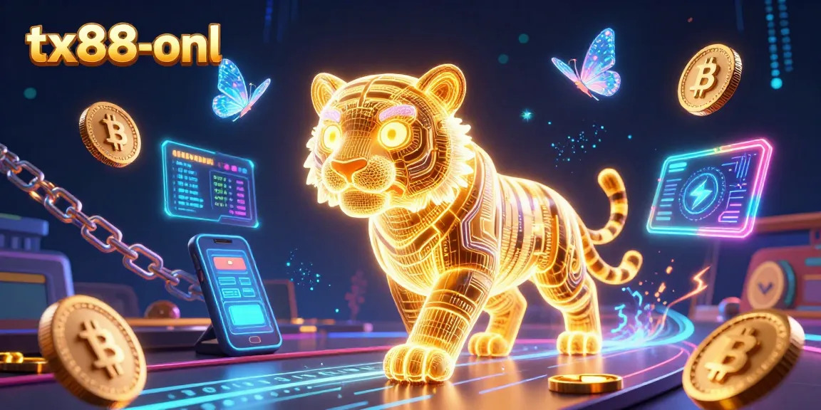 Engage with tx88-onl's vibrant casino scene featuring a golden tiger and crypto elements.
