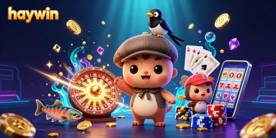 Experience the excitement of haywin with vibrant casino elements and playful characters amidst sparkling gems.