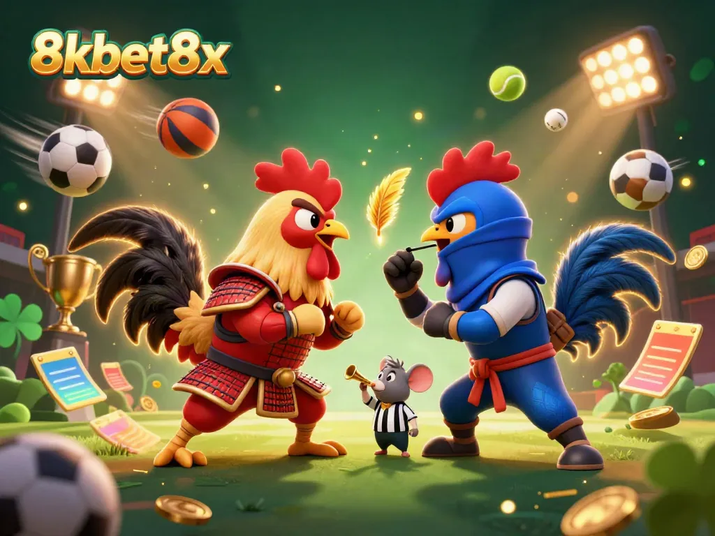 Engaging scene with twin cartoon fighting roosters symbolizing 8xbet8x betting energy, enhanced by dynamic sports elements.