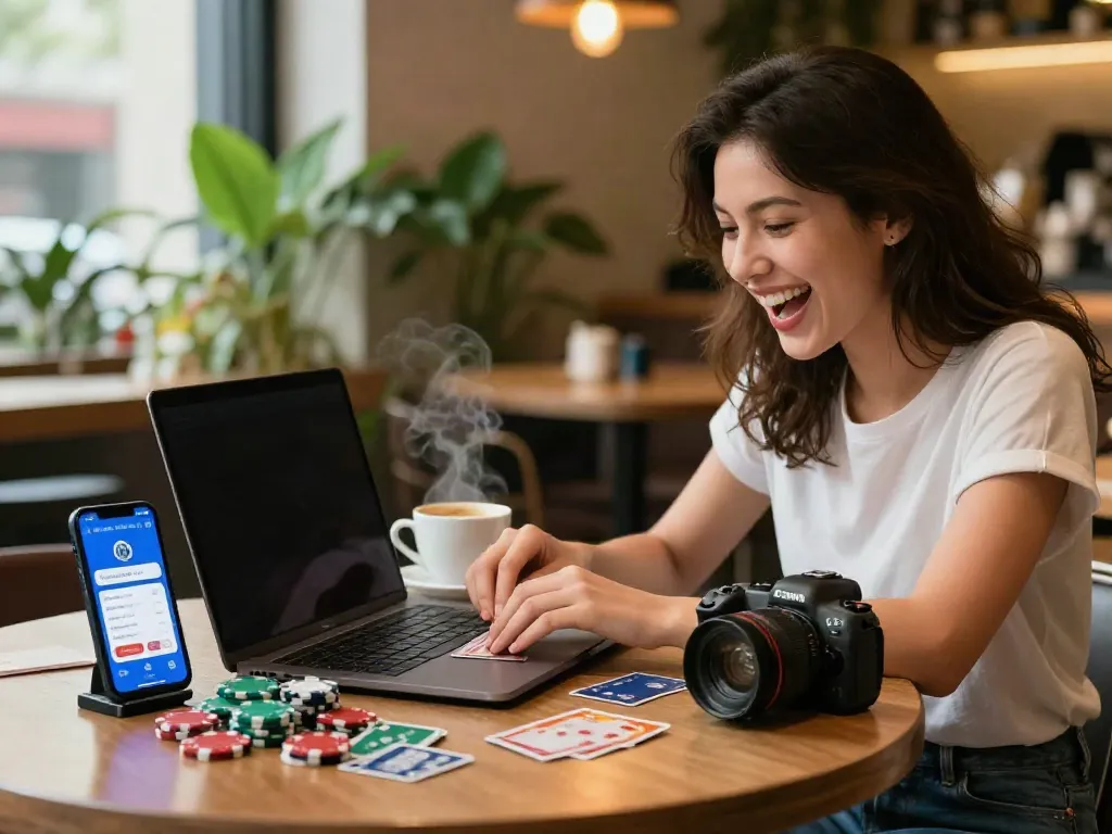 Exciting moment at credit card casinos with a woman enjoying online gaming on her laptop at a café.