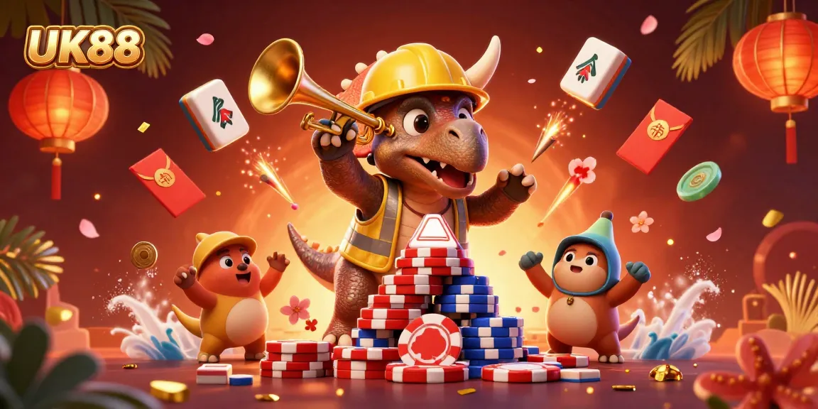 Celebrate with UK88 as a triceratops builds a poker chip pyramid amidst fireworks and festive elements.