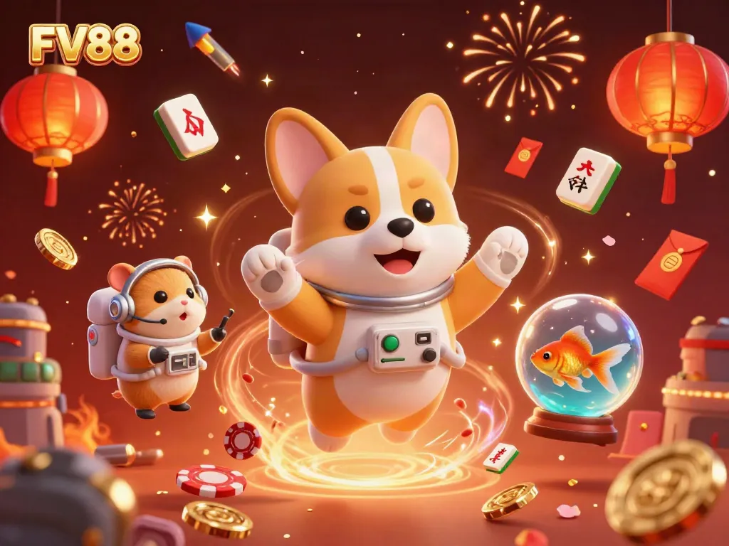 Engage in fun with FV88 in a vibrant casino scene featuring a floating corgi, mission-control hamster, and goldfish.