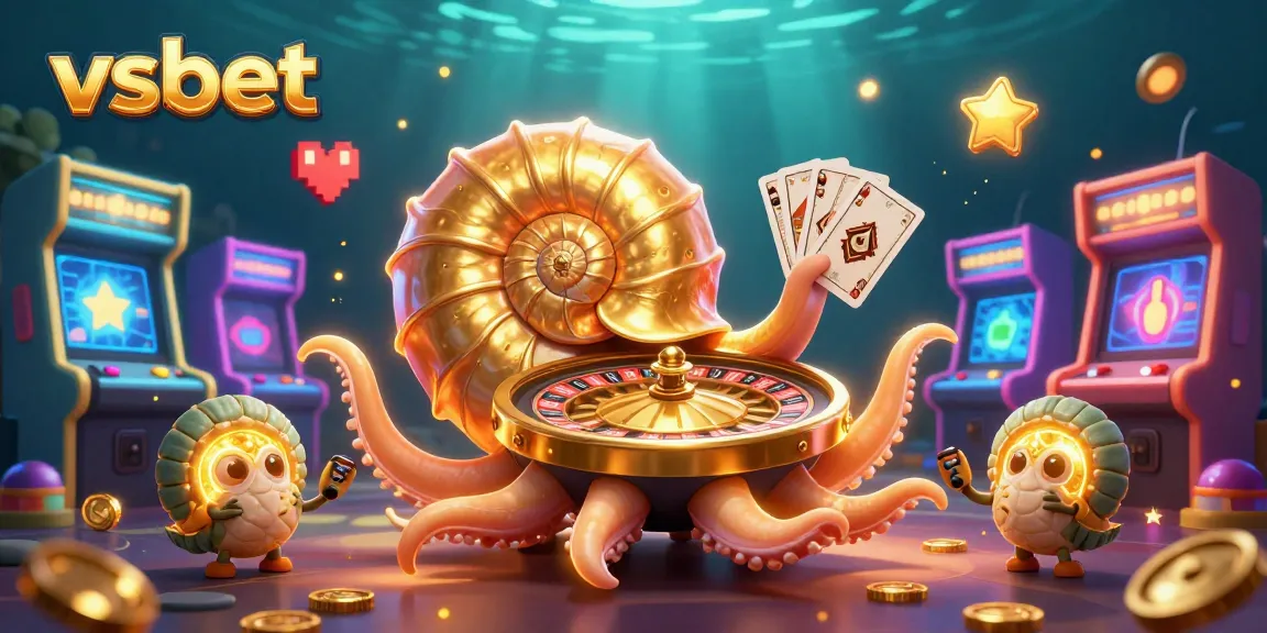 Experience the excitement of VSBET with a vibrant 3D illustration of a giant nautilus, roulette wheel, and glowing treasures.